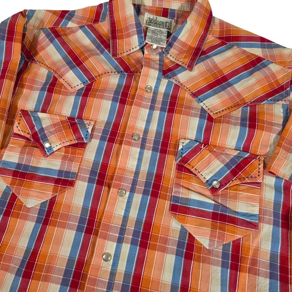 Express Rider XL Western Shirt Orange Plaid Pearl Snap Embroidered Bull‎ Rider